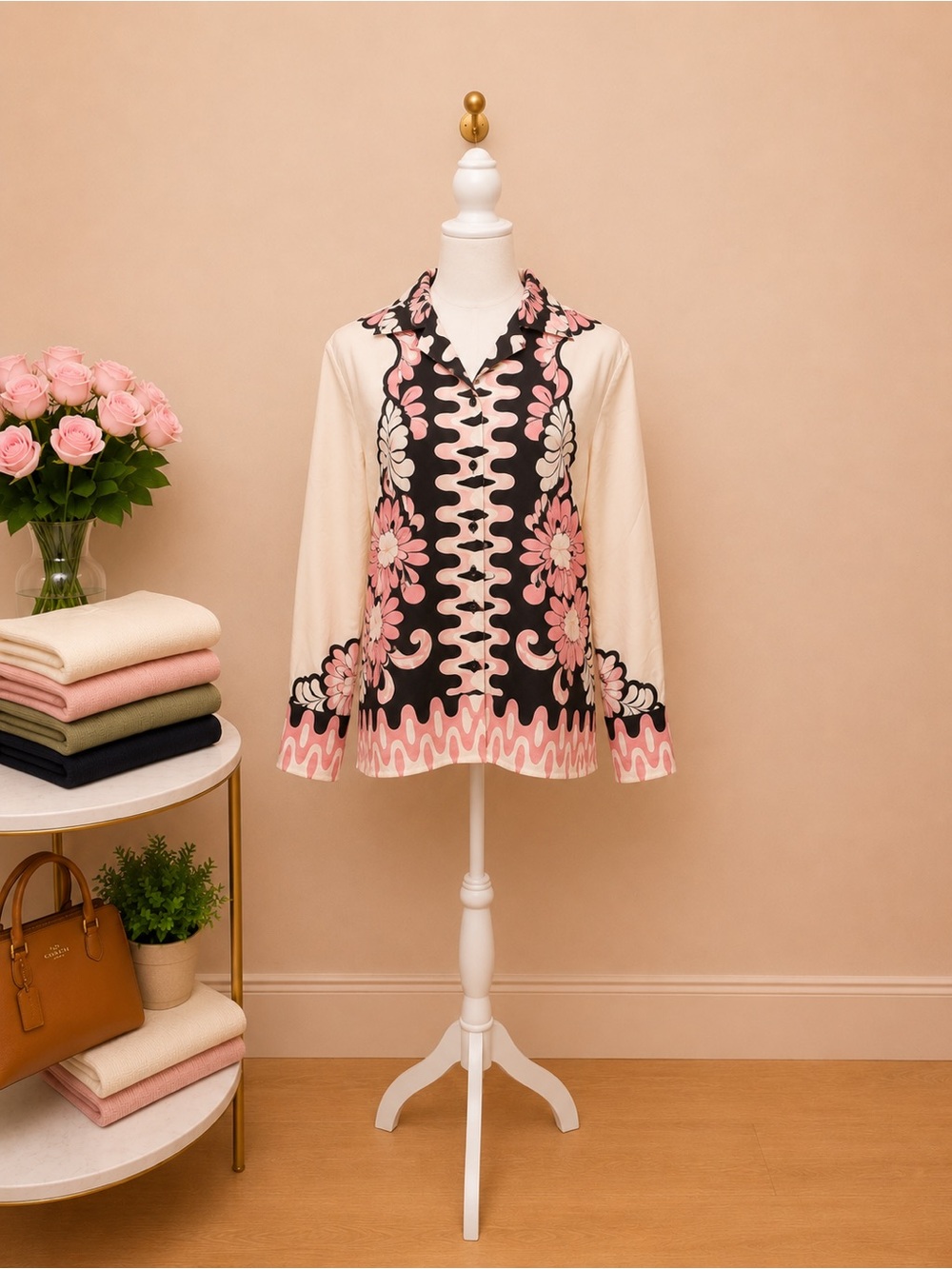 Zara Pink Black Cream Floral Print Silky Button Up Blouse Medium